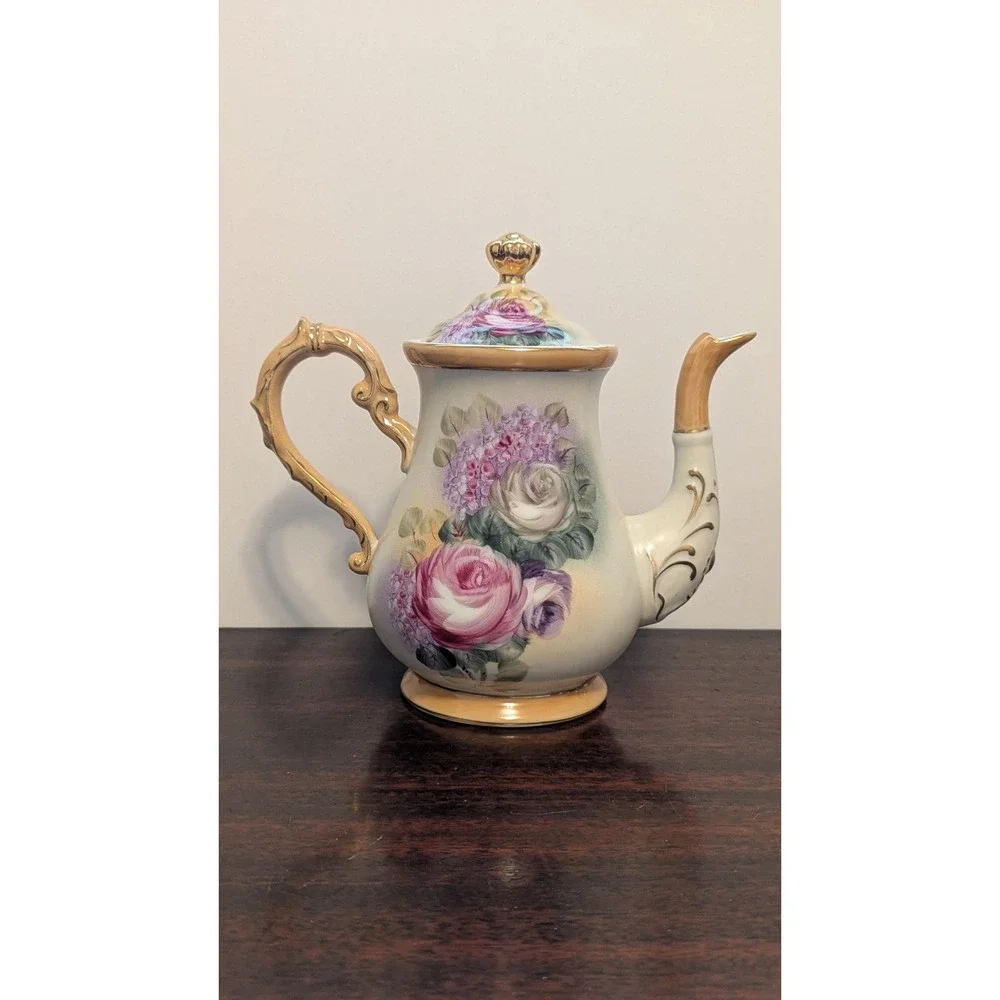 Vintage Rose Porcelain Tea Set Teapot Sugar Bowl Cups Cottagecore Floral Gold